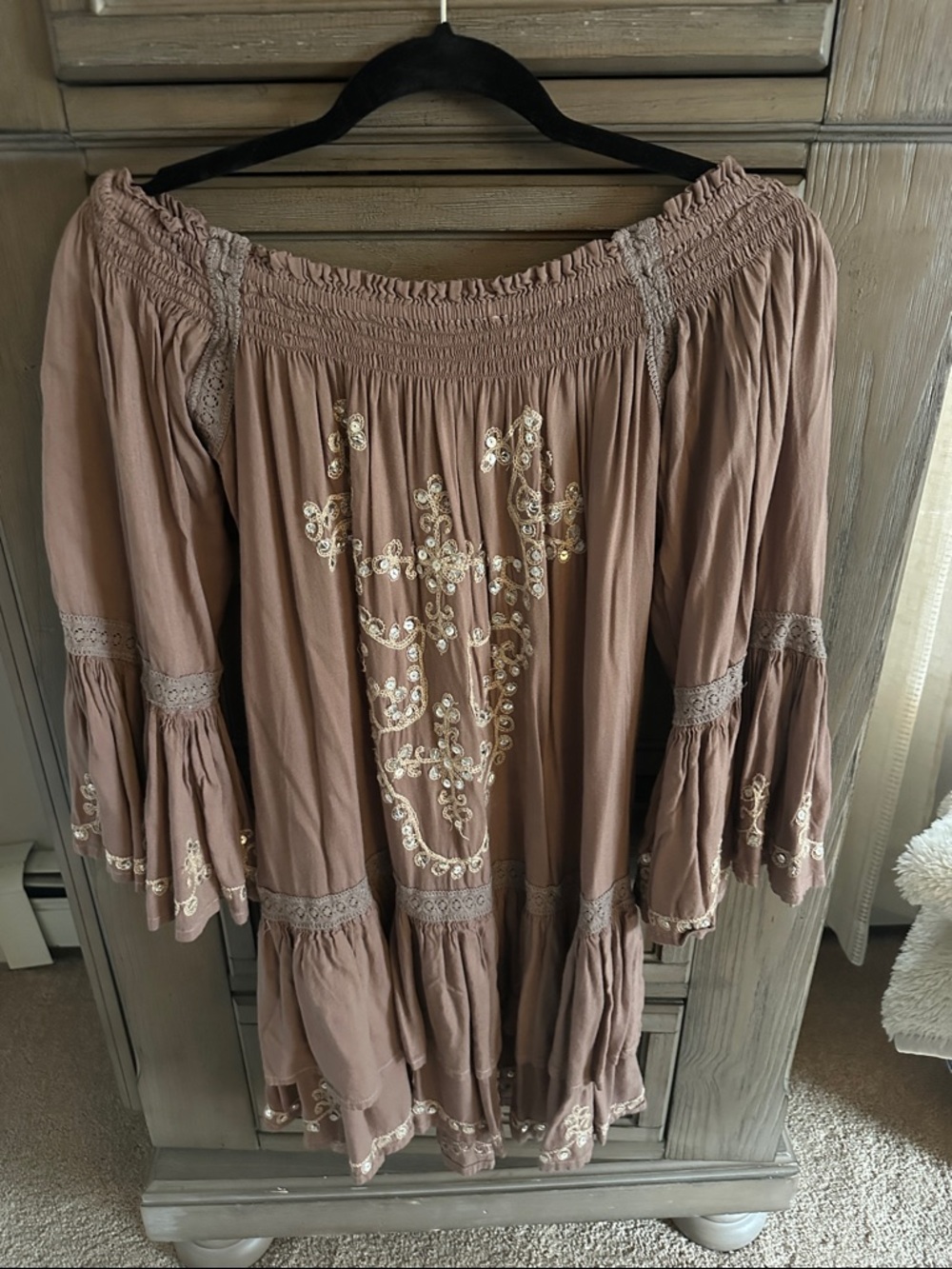 Boho Off-Shoulder Swim Coverup in Dusty Taupe